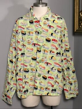 The Cat’s Pajamas Large Sushi Print Button Up Shirt in Lime Green